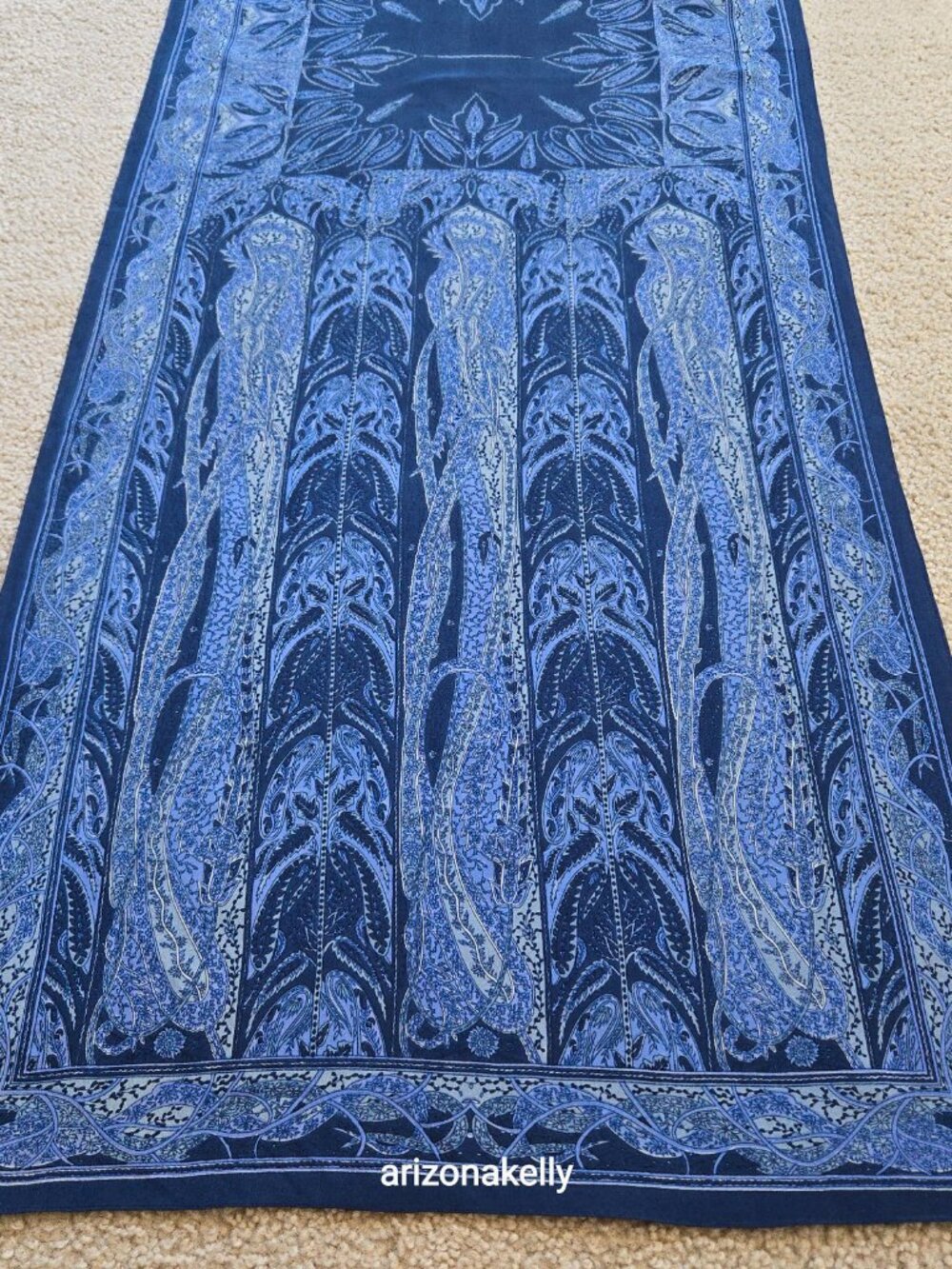 NWOT Blue Silk Oblong Scarf With Beads on Each Corner - Picture 4 of 16